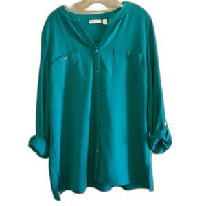 Susan Graver Stretchy Green V Neck Blouse Roll Tab Sleeve 14 Loose Fit
